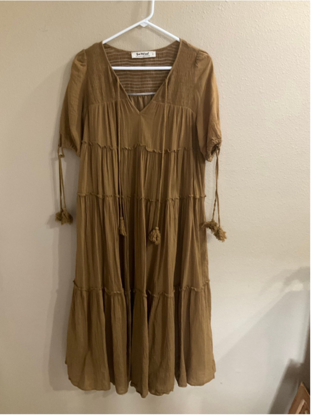 Three Bird Nest Boho Tiered Midi Dress Camel Brown Tassel Tie Small